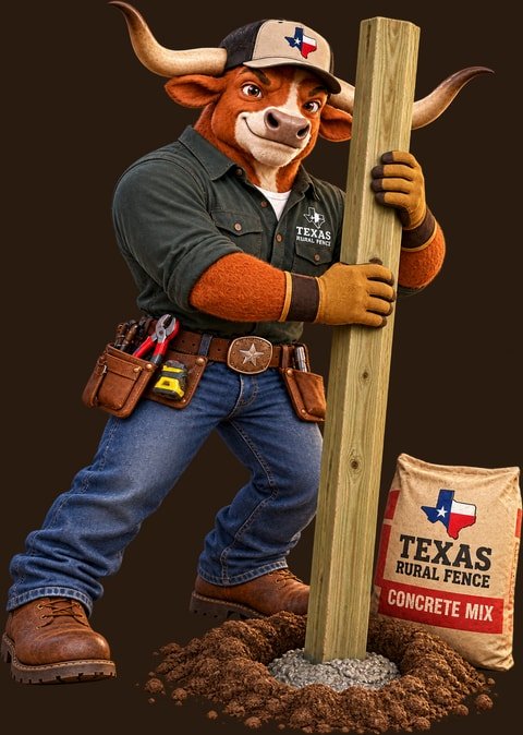 The Texas Rural Fence longhorn mascot setting a fence post